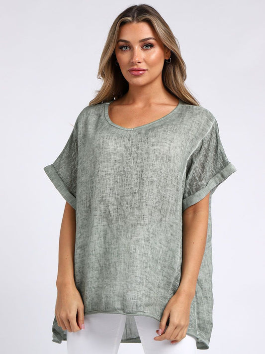 Acid Wash Linen Tee - Khaki
