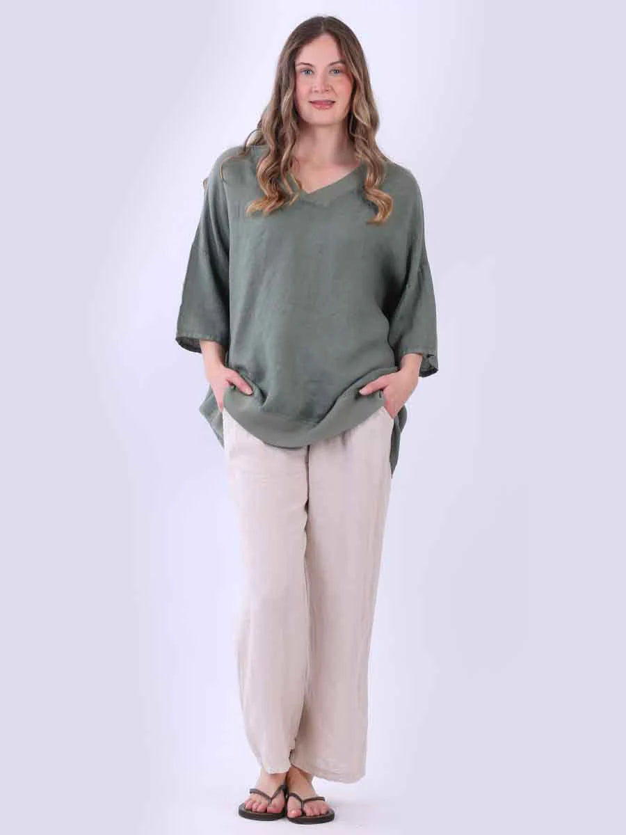 Ribbed Edge Linen Top - Khaki