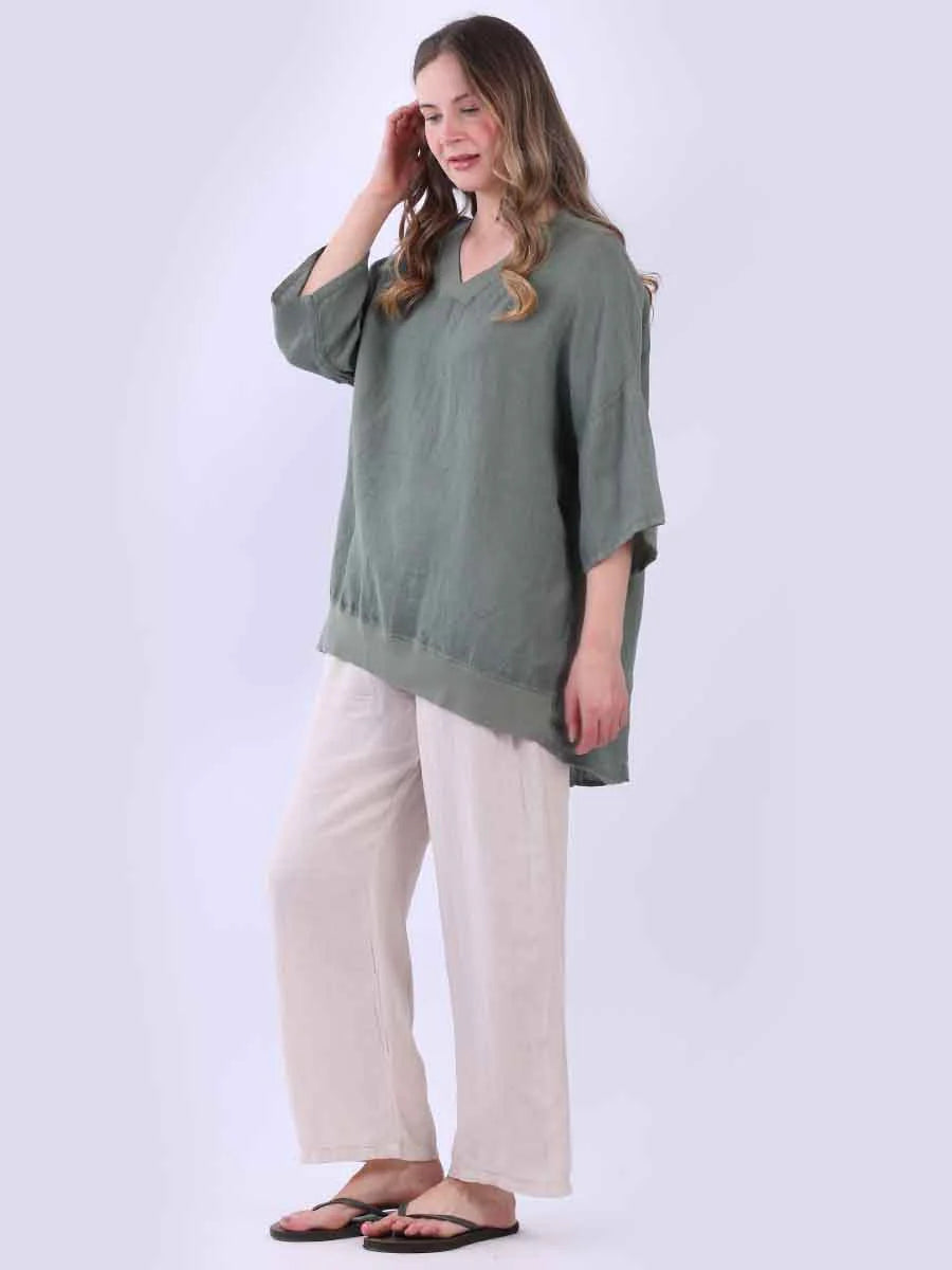 Ribbed Edge Linen Top - Khaki